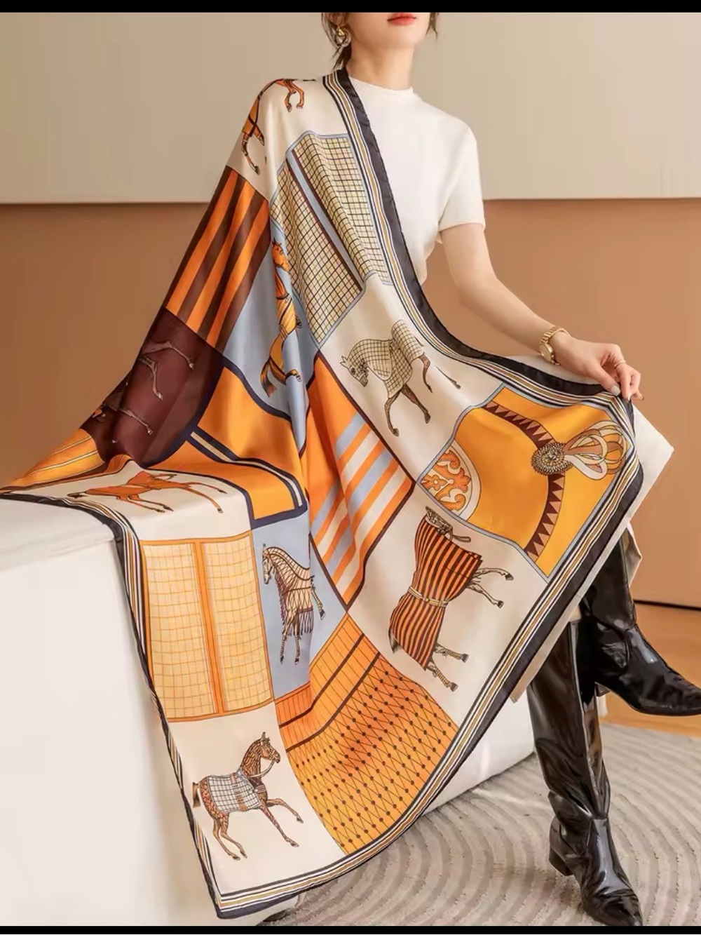 Cream and Orange Decorative Equestrian Patterned Throw Scarf